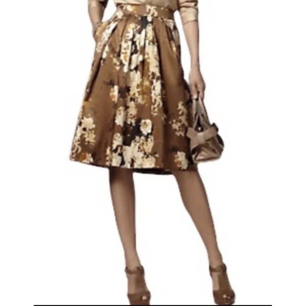 Talbots Skirt Town Brown Satin Floral Pleatedโ A-line 8 Petite Lined Knee Length